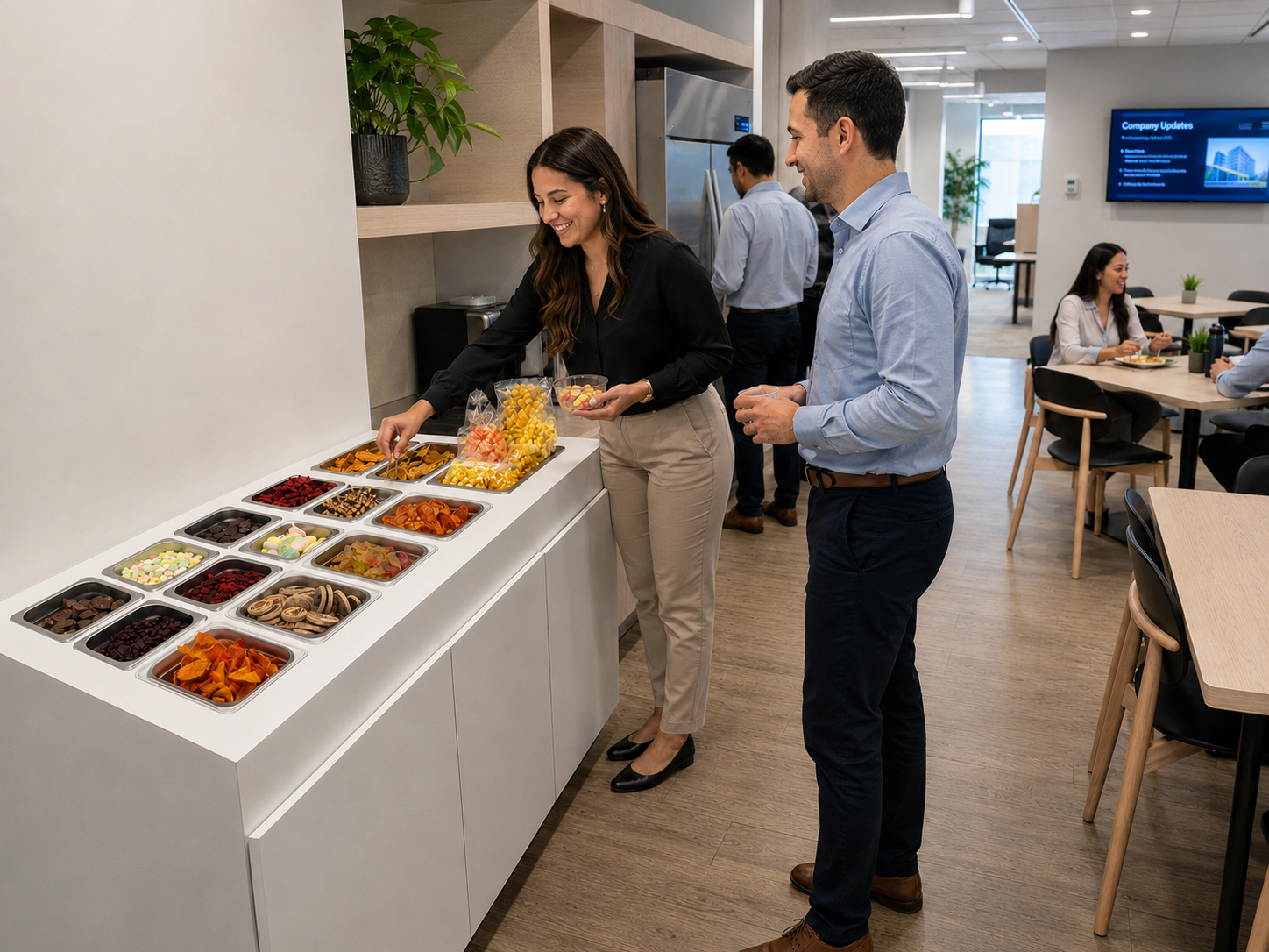 Personas eligiendo snacks ROCO en una oficina